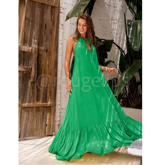 Green Flowy Halter Cutout Maxi Flared Dress Backless Open Back - Picture 6 of 8
